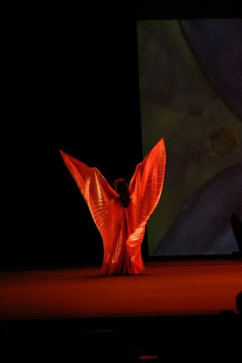 A stage performance in warm light, with flowing fabric wings unfurled